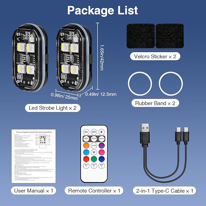 LECART Wireless LED Strobe Lights with Remote Control, 8 Colors USB Rechargeable Waterproof Anti-Collision Warning Lights for Car, Motorcycle, Bike (2 Pcs)