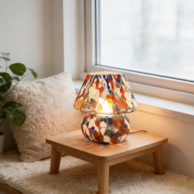 Creative Table lamp, Cute Mushroom Shape, Glass, Medieval Style, Three Lighting Modes, Suitable for bedrooms, Kitchens, Dining Rooms, Living Rooms, and Bookshelf Decoration (Style A)