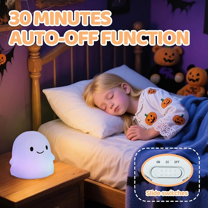 Halloween Ghost Night Light, Color-Changing & 50-Hour Battery, Spooky-Cute Squishy Lamp for Kids, USB Rechargeable with Timer, Halloween Decor & Gifts