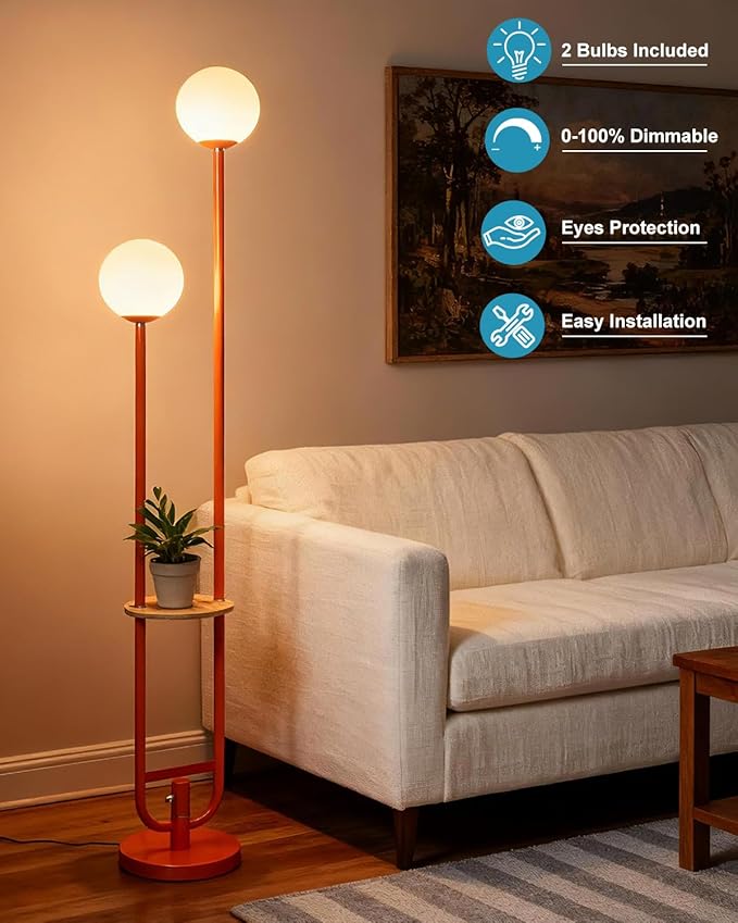 Lightdot 63IN Orange Floor Lamp with U Pole, 2 Globe Mid Century Standing Lamps with Bulbs Included, Unique Vintage Dimmable Tall Floor Lamp for Living Room/Wedding/Party/Sofa Beside/Corner Decor