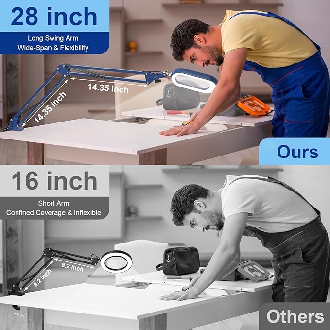 10X Large Magnifying Glass with Light and Clamp, Real Glass, 5 Color Modes, Stepless Dimmable, Lighted Magnifier with Stand Hands Free, LED Swing Arm Desk Lamp for Close Work, Craft, Reading - Blue