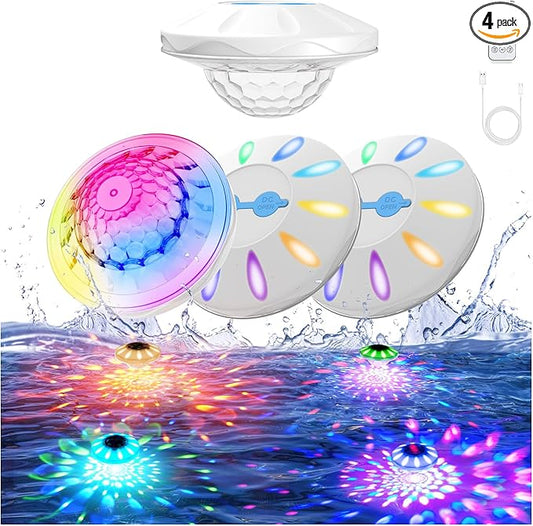 Floating Pool Lights(4 PACK), Rechargeable Pool Lights with Remote, 4000mAh IP68 Waterproof 6 Dynamic Lighting Effects Upper and Lower RGB Color Changing Floating Hot Tub Light for Bath Ponds 4 PACK