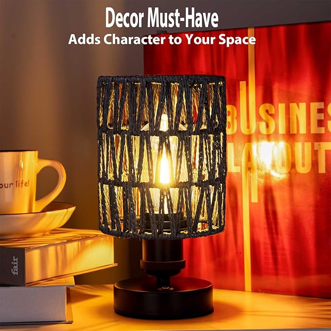Cordless Outdoor Table Lamps, Rechargeable Rattan Boho, Dimmable Battery Operated for Patio, Home, Living Room, Bedroom, Bedside - Set of 2 (Black)