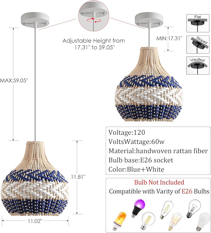 3-Pack Rattan Pendant Light,11In Blue White Hanging Light Hand-Woven Rattan Chandelier for Dining Living Bedroom Kitchen Farmhouse