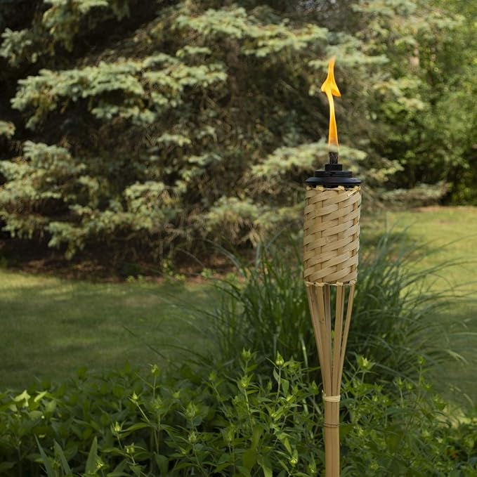 TIKI Bamboo Tiki Torches 12-Pack – Weather-Resistant Outdoor Décor with Easy-Pour Wide-Mouth Canister Refill for Patio, Garden, Backyard, and Parties, 57-Inch Citronella Torches