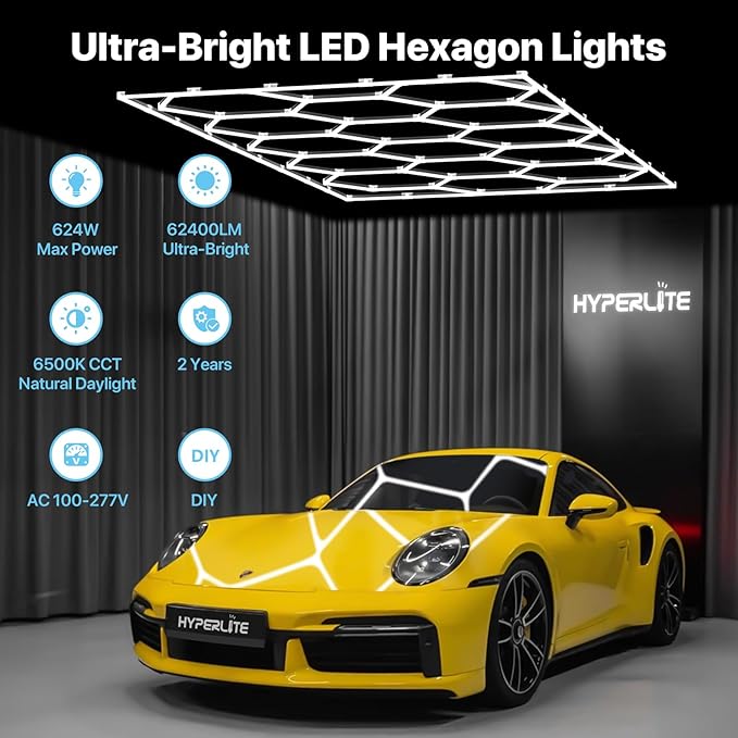 HYPERLITE Gen 2 Hexagon Garage Lights: 624W 62400LM 15 Grids Hexagon Led Lights, 6500K Ultra Bright Honeycomb Hex Lights, Easy Install, Durable Design for Garage, Car Detailing, Workshops, Gym