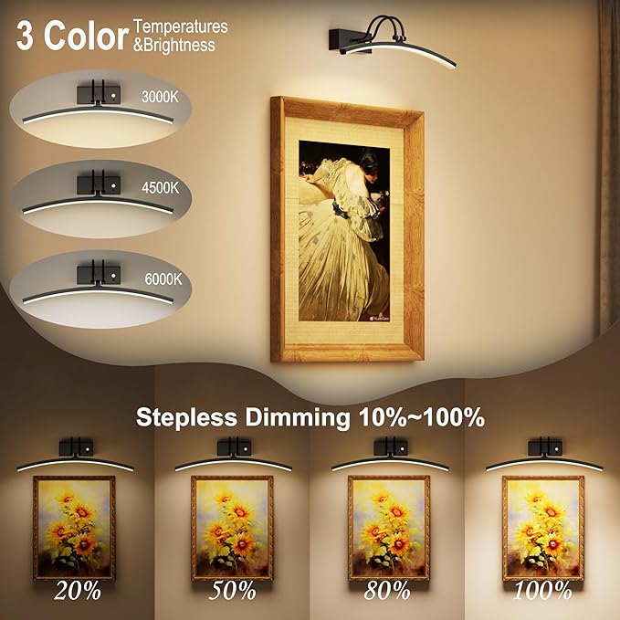 PAIHOME Lights for Pictures on Wall, Rechargeable Magnetic Picture Light with Smart Motion Sensor, Remote Dimmable & Timer, ‌16in Wireless Black Art Lighting for Paintings Gallery Portraits