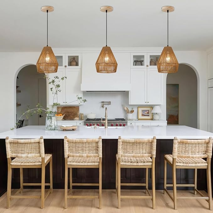 3 Packs Rattan Pendant Light, 9” Boho Hanging Light Fixture Kitchen Island, Natural Hand-Woven Pendant Light, Adjustable Farmhouse Chandelier For Kitchen Sink Island Bar Foyer Bedroom Dining Room