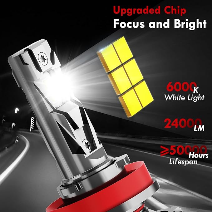 KORKIE H11/H9/H8 Headlight Bulbs, 24000 LM Bright 6000K Cool White H11 Light Bulb, IP68 Waterproof,Plug and Play,Pack of 2