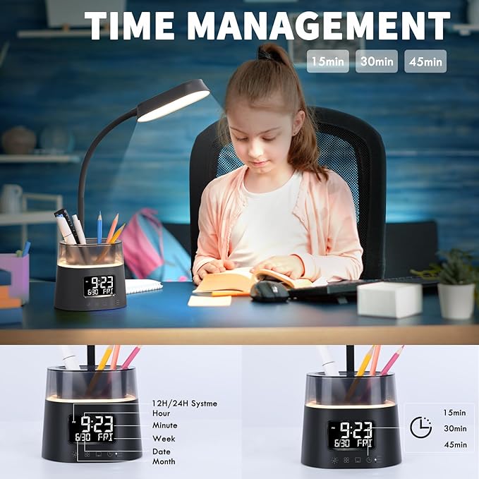 Led Desk Lamp for Home Office, Touch Table Lamp with Pen Holder, 3 Color Modes Stepless Dimmable Reading Light, Gooseneck Lamp for Dorm Room, Bedside Study Light with Clock for Kids, Girls, Boys