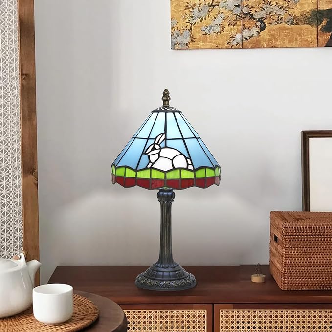 Tiffany lamp 8 inch Small Stained Glass lamp Fairy Tale White Rabbit Bedside lamp Suitable for Bedroom Dormitory Dining Room Living Room Tiffany Style Retro Home Decoration Children's Gift