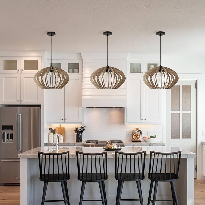 Vintage Wood Pendant Light Fixtures, Modern Farmhouse Walnut Lantern-Shape Dining Room Chandelier, Mid-Century Ceiling Mount Hanging Light Fixture for Kitchen Decor, Black