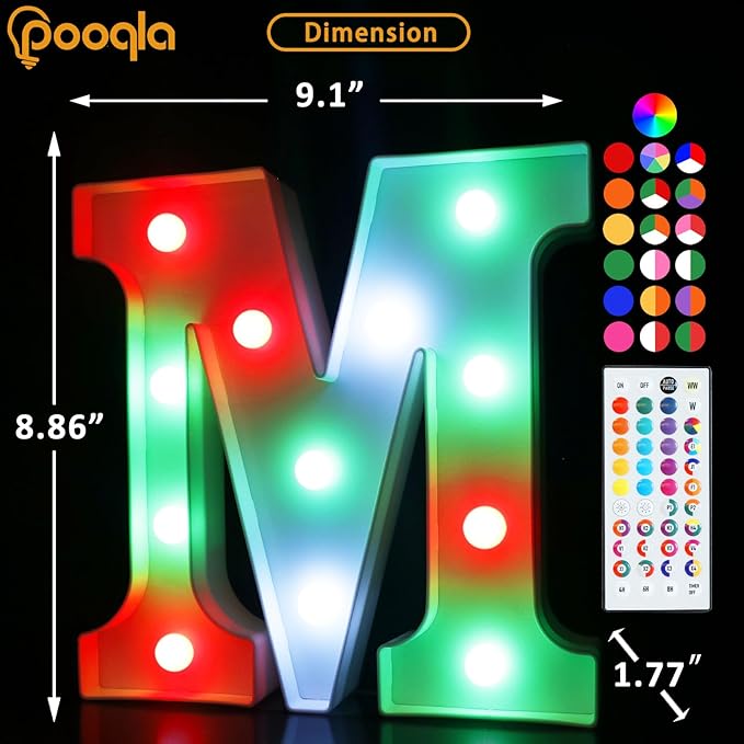 Pooqla Colorful Light Up Letters with Remote, Upgraded 35 Colors LED Marquee Letters, RGB Lighted Letter for Girls Teenager Gift Birthday Party Valentines Day Decorations Gift for Him Her, Letter M