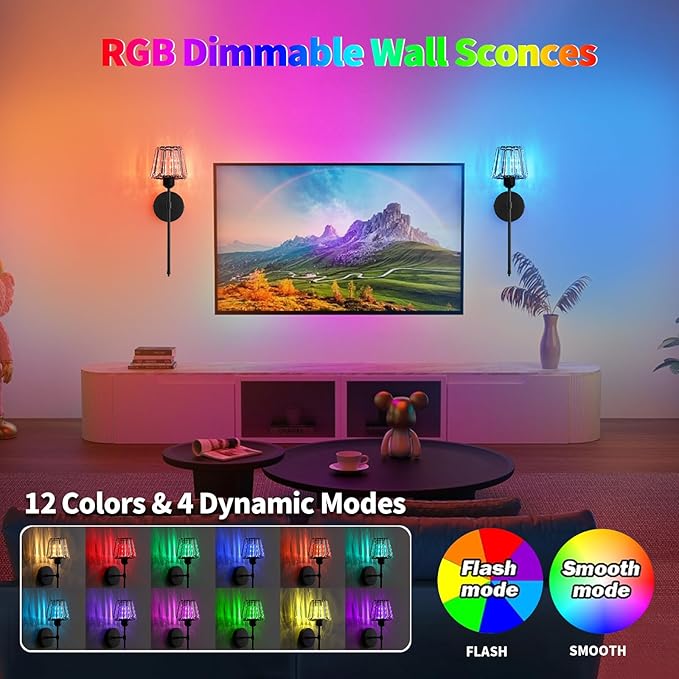 Battery Operated Crystal Wall Sconce Set of 2, Black Rechargeable Wireless Wall Sconces with Remote Dimmable 12 Colors Modes Led Wall Lights, Wall Lamp for Bedroom Living Room Hallway 2 Bulbs Included