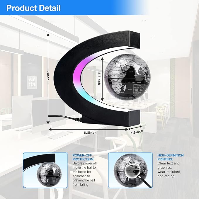 Flagest Magnetic Levitation Floating Globe, Levitating C Shape Silver Black Globe with LED Lights for Education Home Office Desk Decor, Holiday Anniversary Creative Gift(3.3 Inches Sphere)