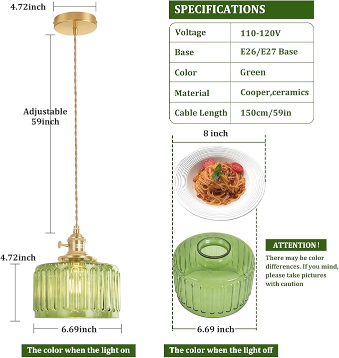 Pendant Light 2 Pack with Green Striped Glass Lmapshade, Brass Vintage Pendant Light Adjustable Hanging Light for Kitchen Island Dining Room Hallway