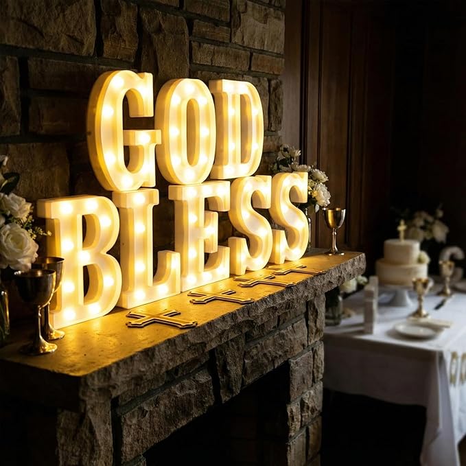 8 Pcs God Bless LED Letter Lights Sign God Bless Baptism Decorations Battery Powered Primera Comunion First Holy Communion Decorations for Baptism Party