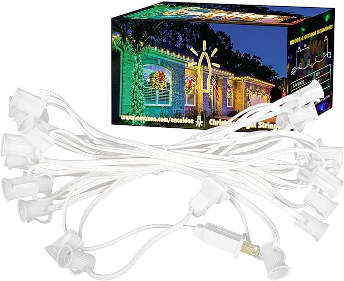 25FT C7 Light String Christmas Stringer, E12 Christmas Sockets 12" Spacing, C7 Stringer Set Green Outdoor String Light for Wedding Patio Event Lighting Decor, White Wire