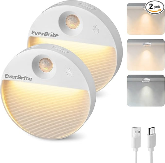 EverBrite Rechargeable Round Motion Sensor LED Night Light, Motion Activated LED Night Light with 3 Lighting Modes, Touch Control, 3 Color Temperatures & Dimmable, for Hallway, Bedroom, 2 Pack