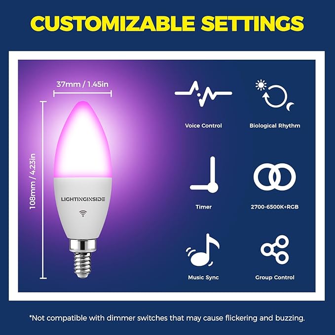 Lightinginside E12 Smart Light Bulbs 60W Equiv., Work with Alexa/Google Home/Smart Life, 500LM 6W RGBCW Candle Candelabra LED Light Bulbs, No Hub Required, 2.4G WiFi Bluetooth Bulb, ETL Listed, 2PCS