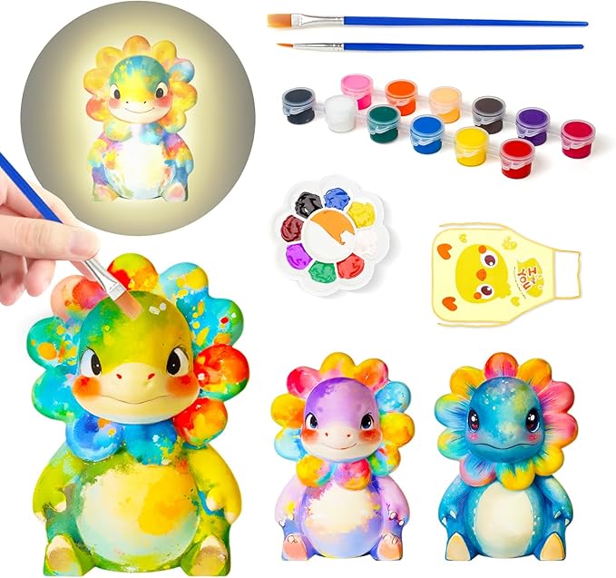 Loungelore Paint Your Own Dinosaur Lamp Kit, DIY 3D Dino Night Light, Art Supplies Arts and Crafts, Unique Birthday Gifts, Creativity Painting Kit