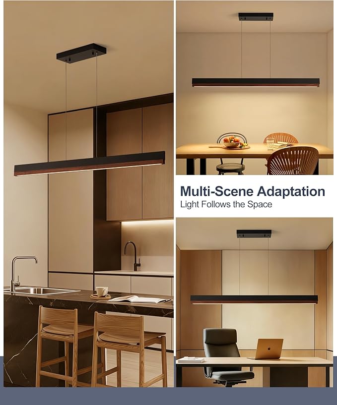 39" Wood Linear Pendant Light, 24W LED Hanging Pendant Light, Dimmable Kitchen Island Lighting with Remote, Adjustable Linear Chandelier for Dining Room, Kitchen Island, Bar, Office-Walnut