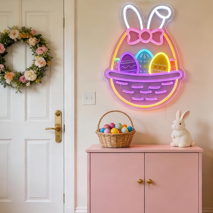 16 In Easter Egg Basket Neon Sign with Bunny Dimmable Bow Egg Basket Led Sign Neon for Wall Decor for Window Party Gifts Bedroom Holiday Spring Bar Home Business Holiday