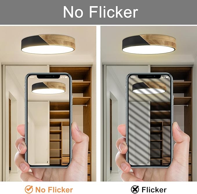 Led Ceiling Light Flush Mount: 12 Inch 24W Bedroom Light Fixture with Round Wood Modern Black Flat Overhead Ceiling Lamps for Kitchen Hallway Laundry Warm White 3000K, Not Dimmable - 2 Pack