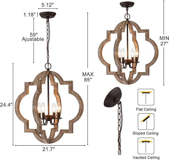 22" Oak Farmhouse Chandeliers Dining Room Light Fixture Over Table Orb Distressed Wood Pendant Light 4-Light Rustic Large Hanging Light for Foyer Entryway Kitchen Island Living Room Bedroom E12