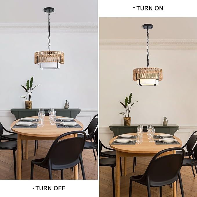Rattan Pendant Light, 12.6" Boho Chandelier with Fabric Shade, Farmhouse Hanging Light Fixture Chandelier for Dining Room, Living Room, Bedroom, Kitchen Island, Foyer, Hallway