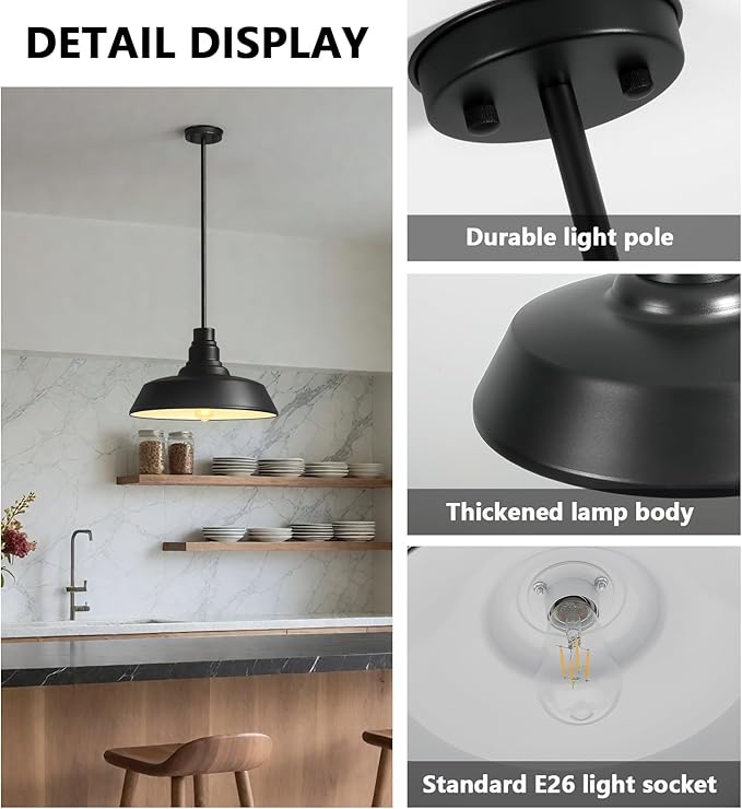 Large 15" Black Farmhouse Pendant Barn Light Suspension Light Fixture, Kitchen Island Chandelier Industrial Dome Ceiling Lighting Dining Room Large Vintage Lamp for Indoor Living Room