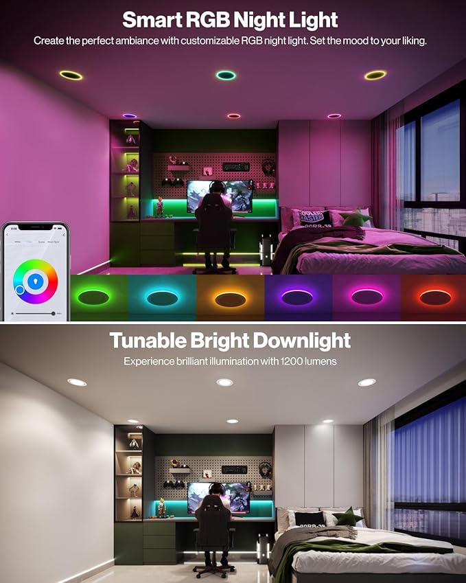 Sunco 2 Pack 6 Inch Smart Ultra Thin LED Recessed Ceiling Lights with Night Light, Tunable CCT 2700K to 6000K, Dimmable, 15W, Smooth Trim, Canless with Junction Box.