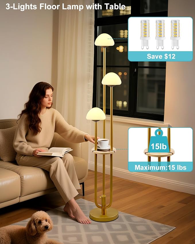 Gold Dimmable Floor Lamp with Table, Modern Floor Lamps for Living Room, 3000K Warm White Tall Standing Lamp with Mushroom Shades & Bulbs for Bedroom/Office