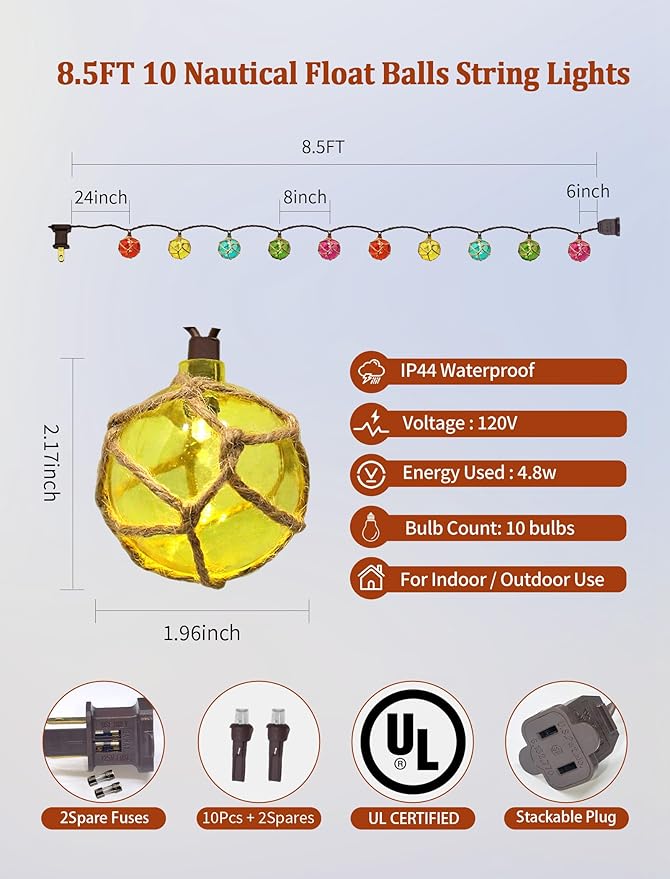 8.5 Ft Nautical Fishing Float String Lights, Beach Themed Buoy Lights Set of 10 LED Tiki Bar Lights Indoor Home Decor and Outdoor Patio Decorations-Multicolor