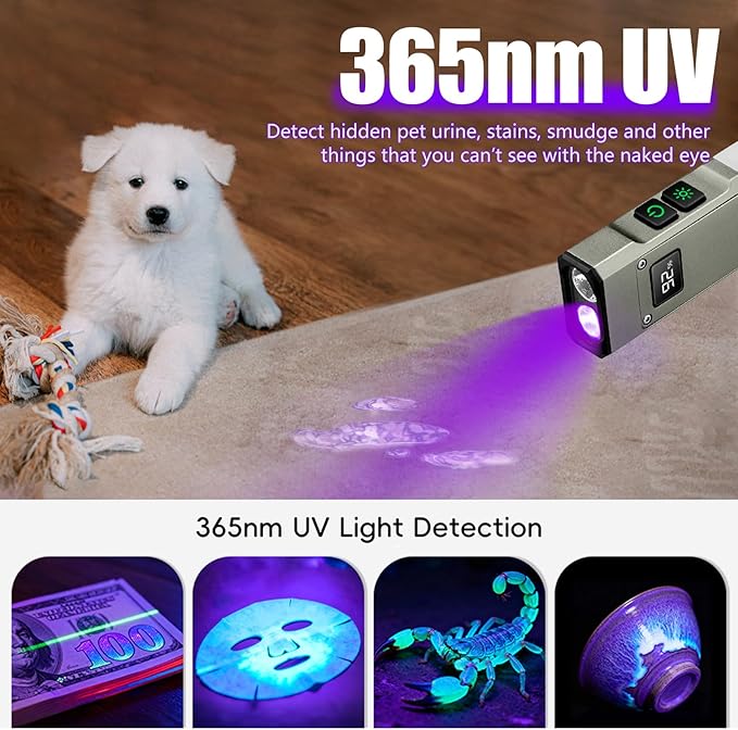 Rechargeable EDC Flashlight, 1800 Lumens Flat Flashlight 9 Mode with White LED/UV/RGB Modes, Magnetic Clip-on Pocket Flash Lights for Camping, Emergency, Repair, Pet Urine, Working - Gunmetal