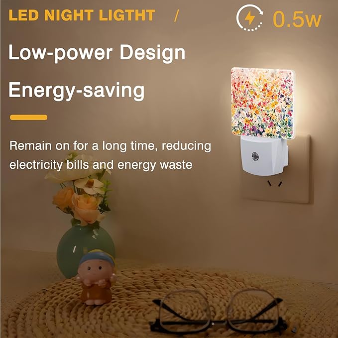 Colorful Flowers Night Light, Watercolor Floral Plug-in Nightlight with Dusk to Dawn Auto Sensor for Home Bedroom Hallway Kitchen 0.5W Sleep Friendly Led Lamp for Women Men