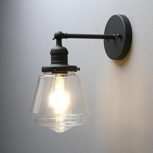 Phansthy Wall Sconces Light Fixture Industrial Wall Lamp, 180 Degree Adjustable Bathroom Vanity Light, Wall Light with Glass Shade Wall Decorative Lighting for Kitchen Living Room Hallway (Black)