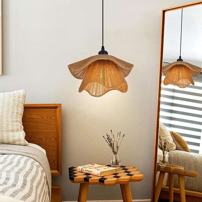 Arturesthome Mini Boho Pendant Light,Woven Twine Chandelier Coastal Hanging Lighting,Adjustable Height Farmhouse Lampshade for Living Room Bedroom Hardwire