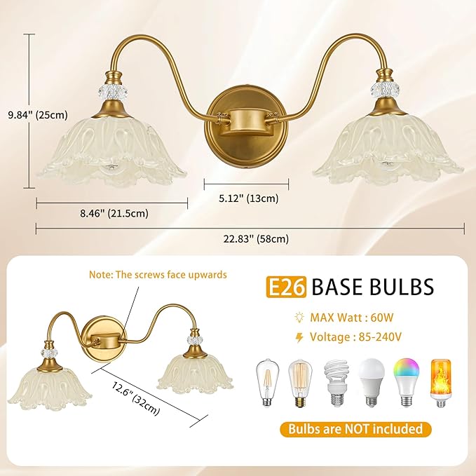 Vintage Bathroom Vanity Light, 2-Light Matte Brass Finish Vanity Light with Floral Yellow Glass Shades, Retro Wall Sconce for Bathroom, Dressing Table