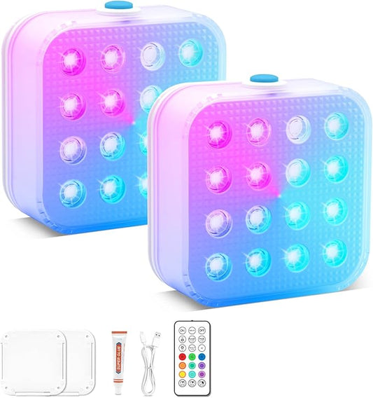 Creatrek Rechargeable Pool Lights with Remote, 16 Color Changing Submersible LED Lights, Waterproof Pool for inground, Ponds, Bathtub Decorations, 2 Pack