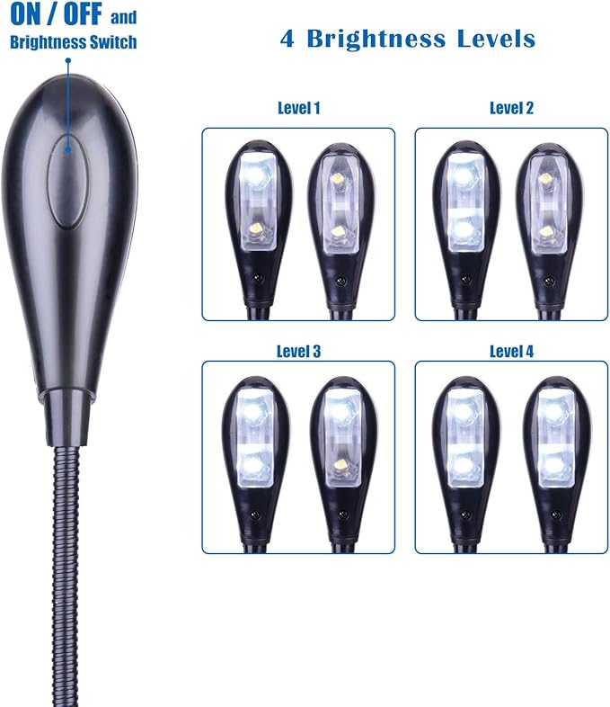 Music Stand Light, 1/2/4/10 Pack Clip on LED Book Lights, USB and AAA Battery Operated, Reading Lamp in Bed, 4 Brightness Levels, Ideal for Musician, Piano Player, Sheet Music, Travel (Dual Arm)