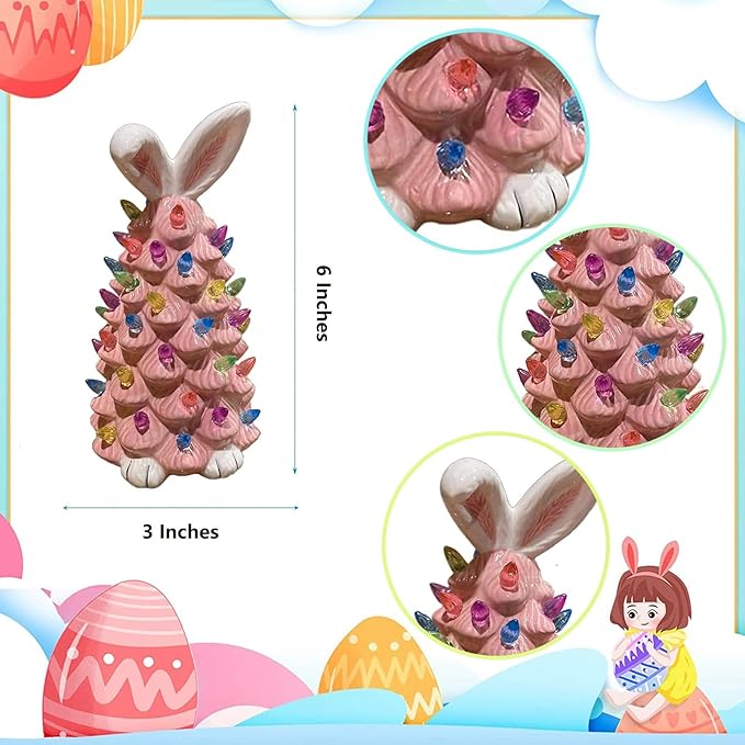 2026 Newly Lighted Easter Bunny Resin Tabletop Tree 6 Inches Pre-Lit Rabbit Figurines with Colorful Lamp Beads and Bunny Ear Top Spring Easter Holiday Decor Gifts