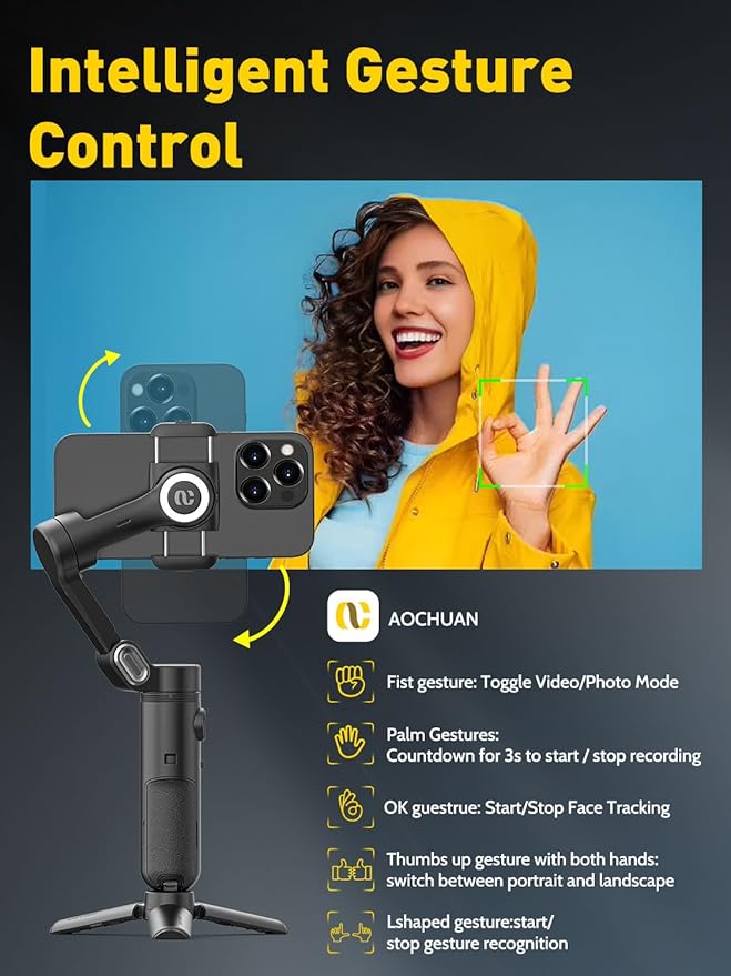 AOCHUAN 3-Axis Gimbal Stabilizer for iPhone 15/14/13 Pro Max Android,Foldable Smartphone Gimbal w/Built-in Fill Light,1/4 Thread,Professional Anti-Shake Video Record for TikTok YouTube(Smart X Black)