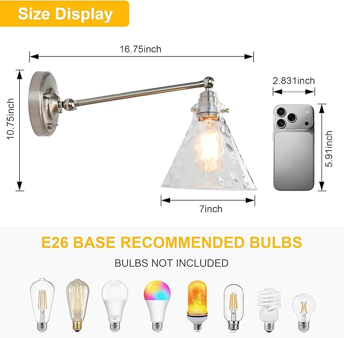 Industrial Vintage Slope Pole Wall Mount Single Sconce with Funnel Flared Clear Glass Shade, Swing Arm Wall Sconce Light Lamp Fixture Hardwired