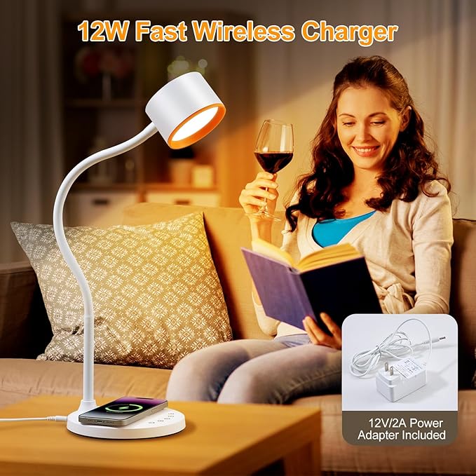 LED Desk Lamps for Home Office, Desk Lamp with USB C + A Dual Charging Ports, Wireless Charger, 5 Colors Dimming Reading Lamp Timer/Memory Touch Bedside Table Lamp for Bedroom College Dorm Room White