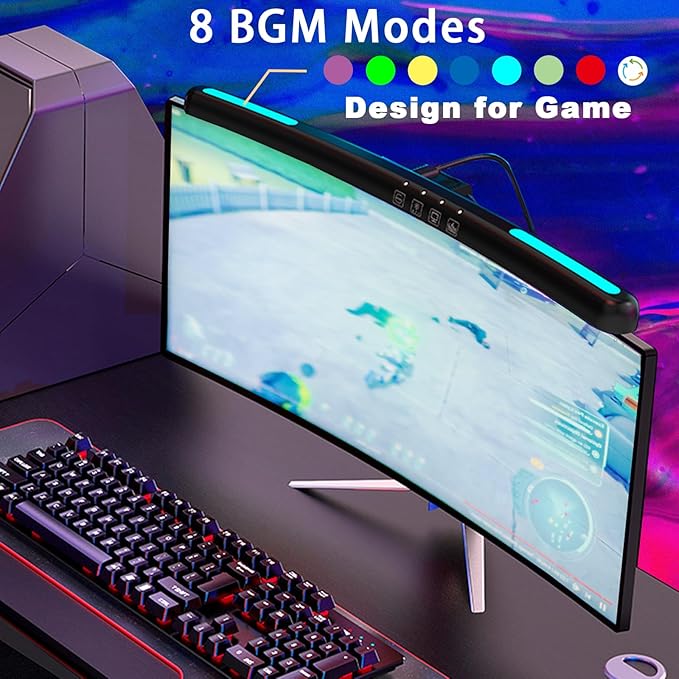 Curved Monitor Light Bar for 24-27 Inch Curved Screens Light Bar with 7 RGB, Stepless Dimming 3 Color Temperatures USB Powered Gaming Computer Light