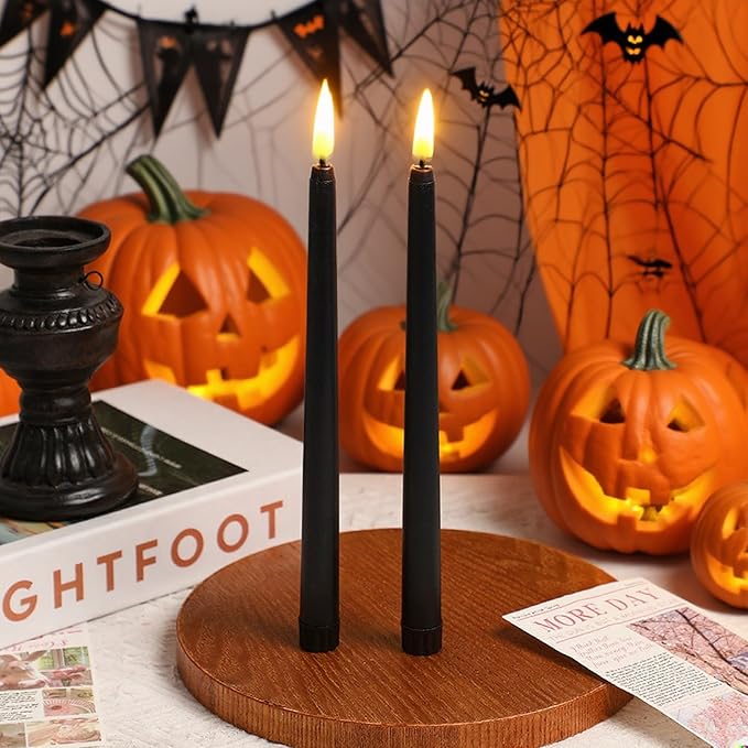 Black Flameless Taper Candles with Remote, Flickering LED Candlesticks Battery Powered Set of 6