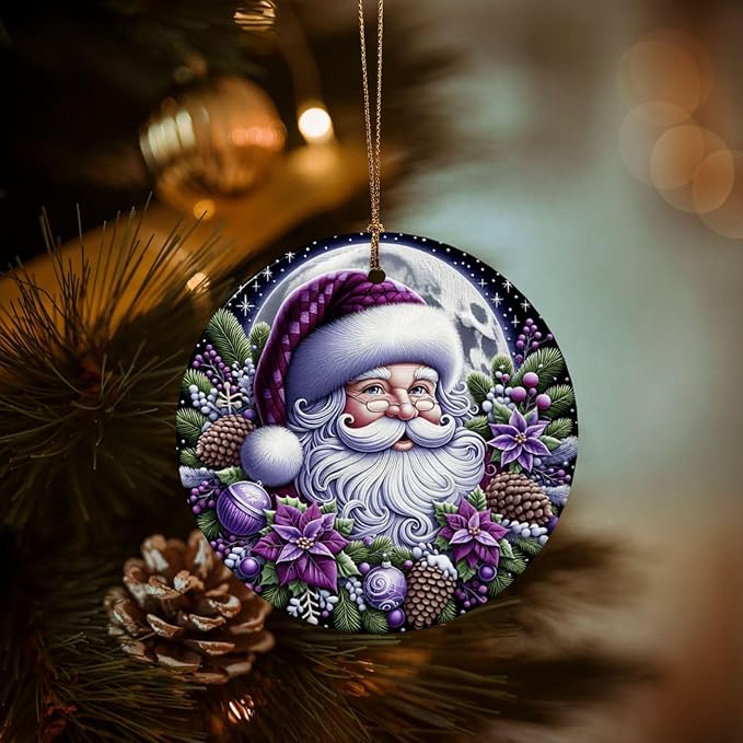 Merry Christmas Santa Claus Purple Christmas Ornaments, Christmas Decorations Xmas Tree Hanging Ornaments, Round Ceramic Festive Keepsake Gift for Xmas Decorations Holiday Home Decor