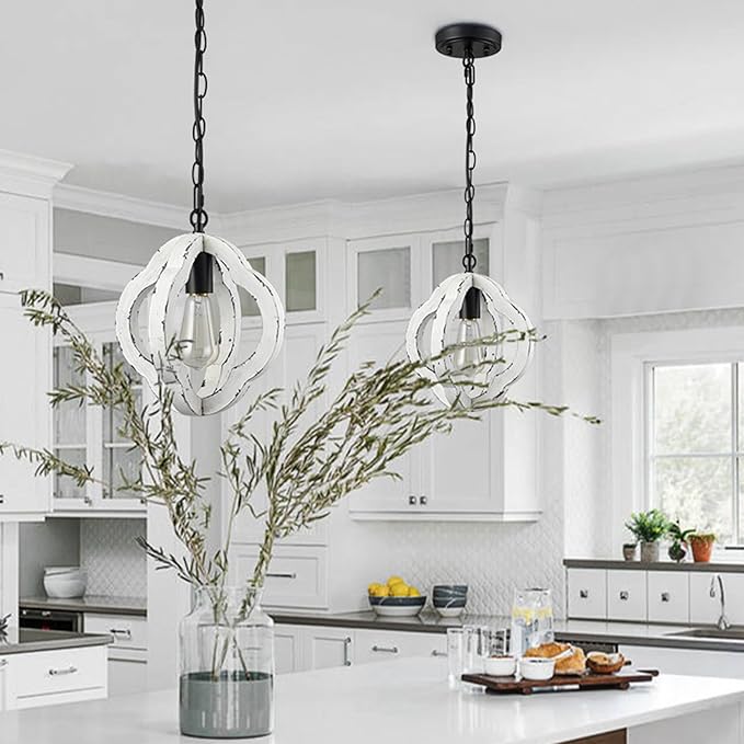 SAMTEEN Farmhouse Wooden Pendant Light Distressed White Wood Chandelier Lighting Modern Wooden Pendant Light Fixtures for Kitchen Island Dining Room Bedroom