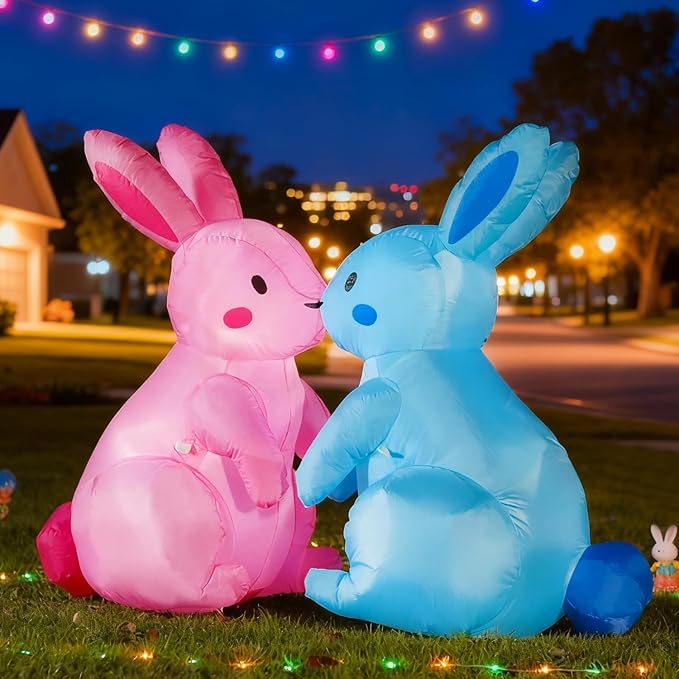 Domkom 6FT Long Easter Inflatable Bunnies Outdoor Decorations, Build-in LED Lights Holiday Blow Up Yard Decoration, for Easter, Outdoor,Garden, Yard Lawn Décor